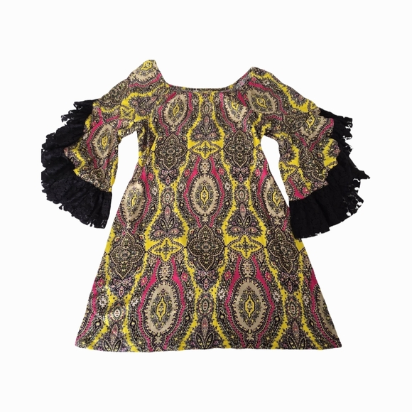 Uncle Frank Boho Paisley Lace Sleeve Dress M Yellow Pink Festival - Picture 2 of 13
